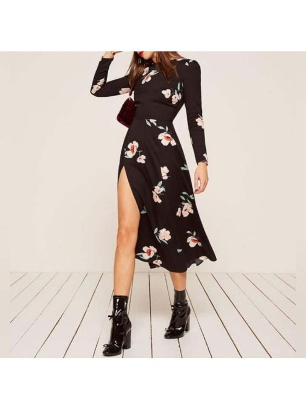 Reformation Black Floral Vanessa Midi Dress With Side Slit & Long Sleeves Size 0